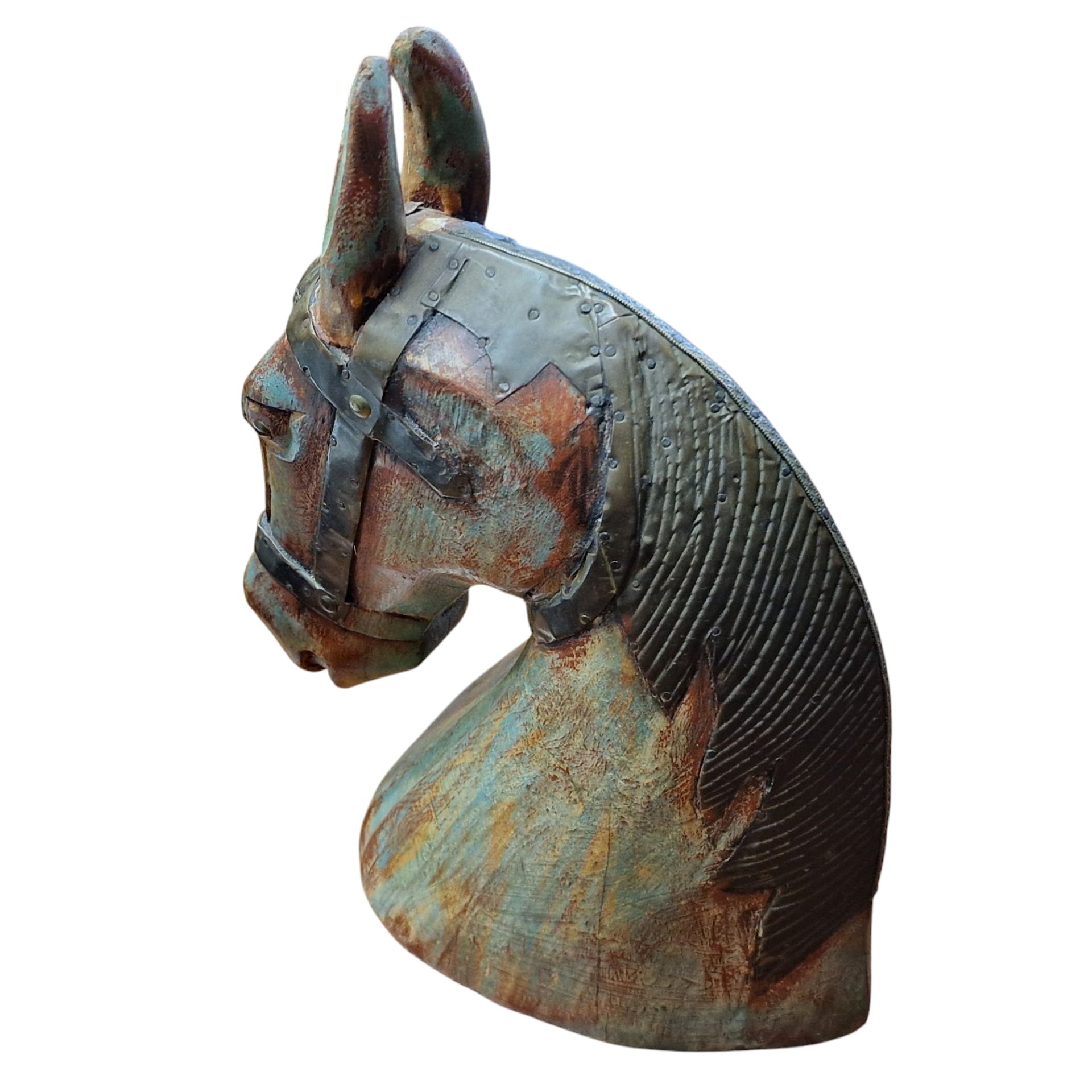 Busto de Cavalo em Madeira com Detalhes em Latão
