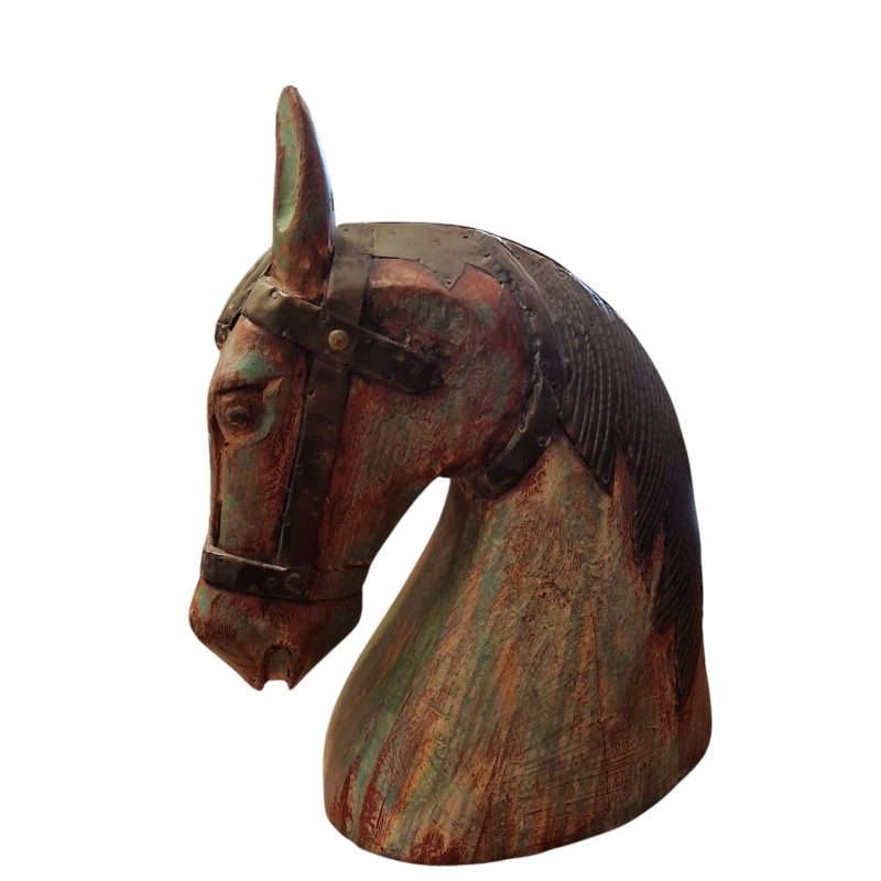 Busto de Cavalo em Madeira com Detalhes em Latão