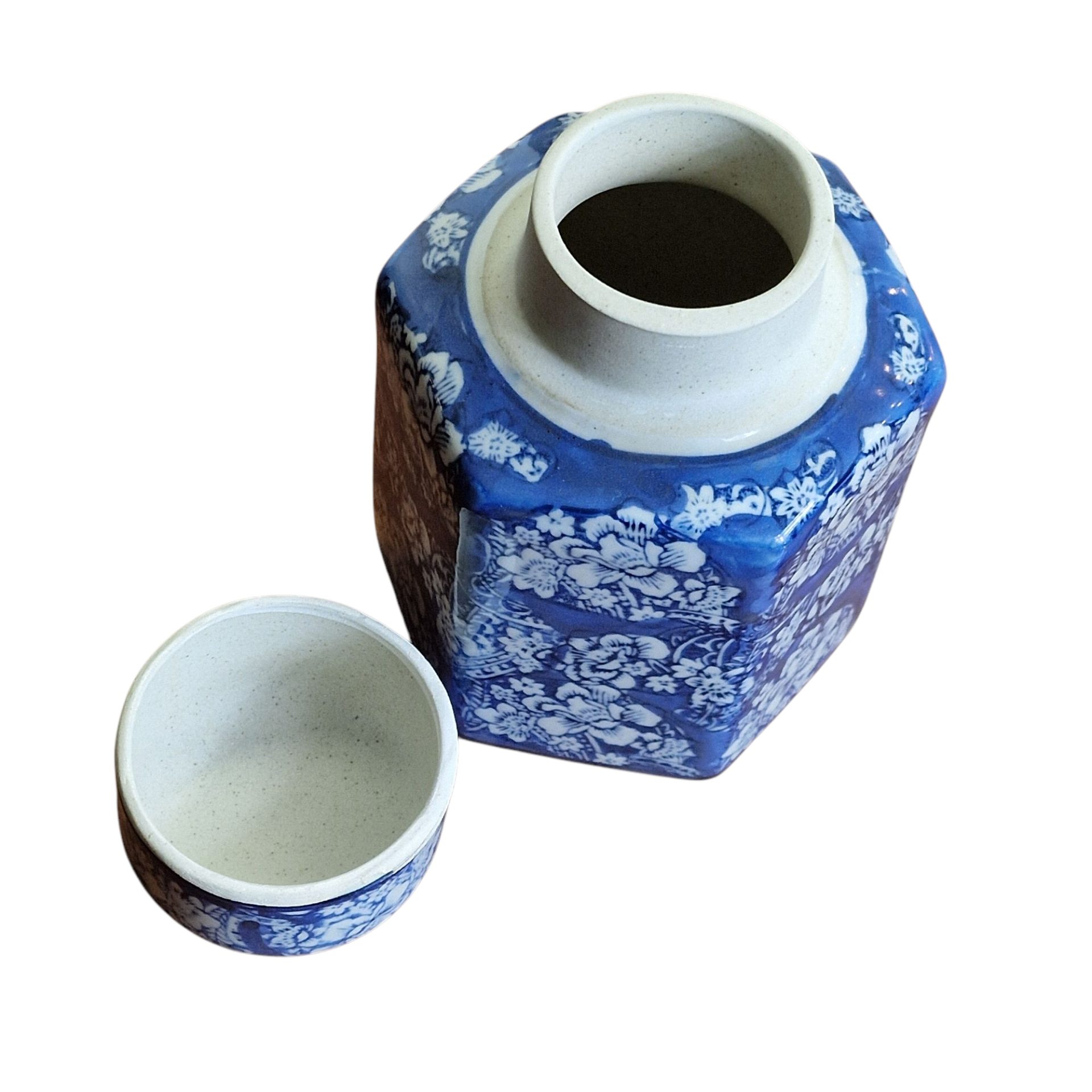 Pote de porcelana hexagonal azul e branco – China
