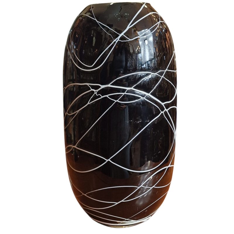 Vaso em Vidro Murano Preto com Riscas Brancas