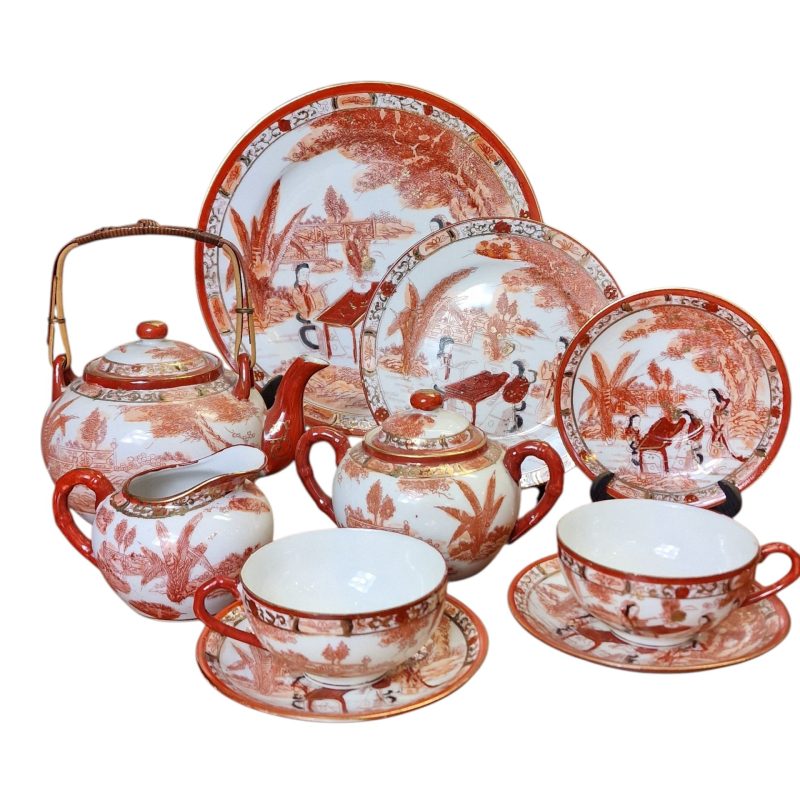 Conjunto de chá japonês com decoração oriental e gueixa em lithophane