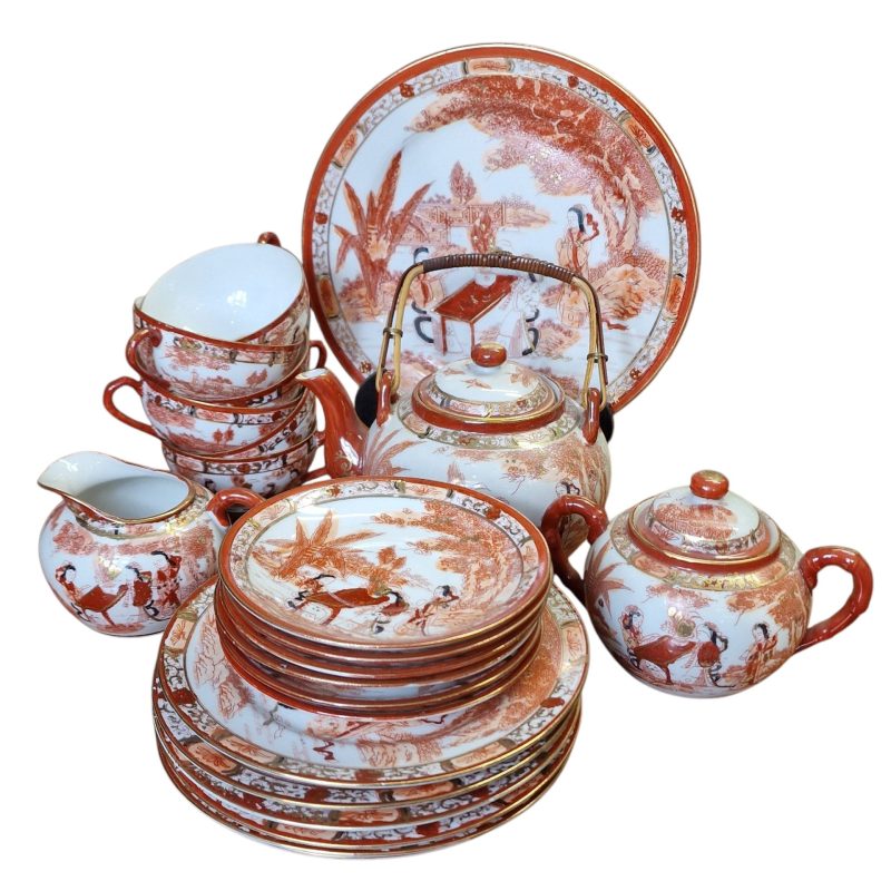 Conjunto de chá japonês com decoração oriental e gueixa em lithophane