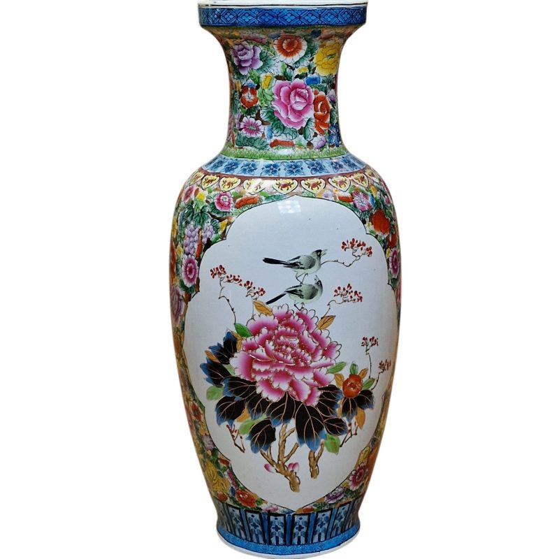 Vaso chinês em porcelana com decoração floral e aves
