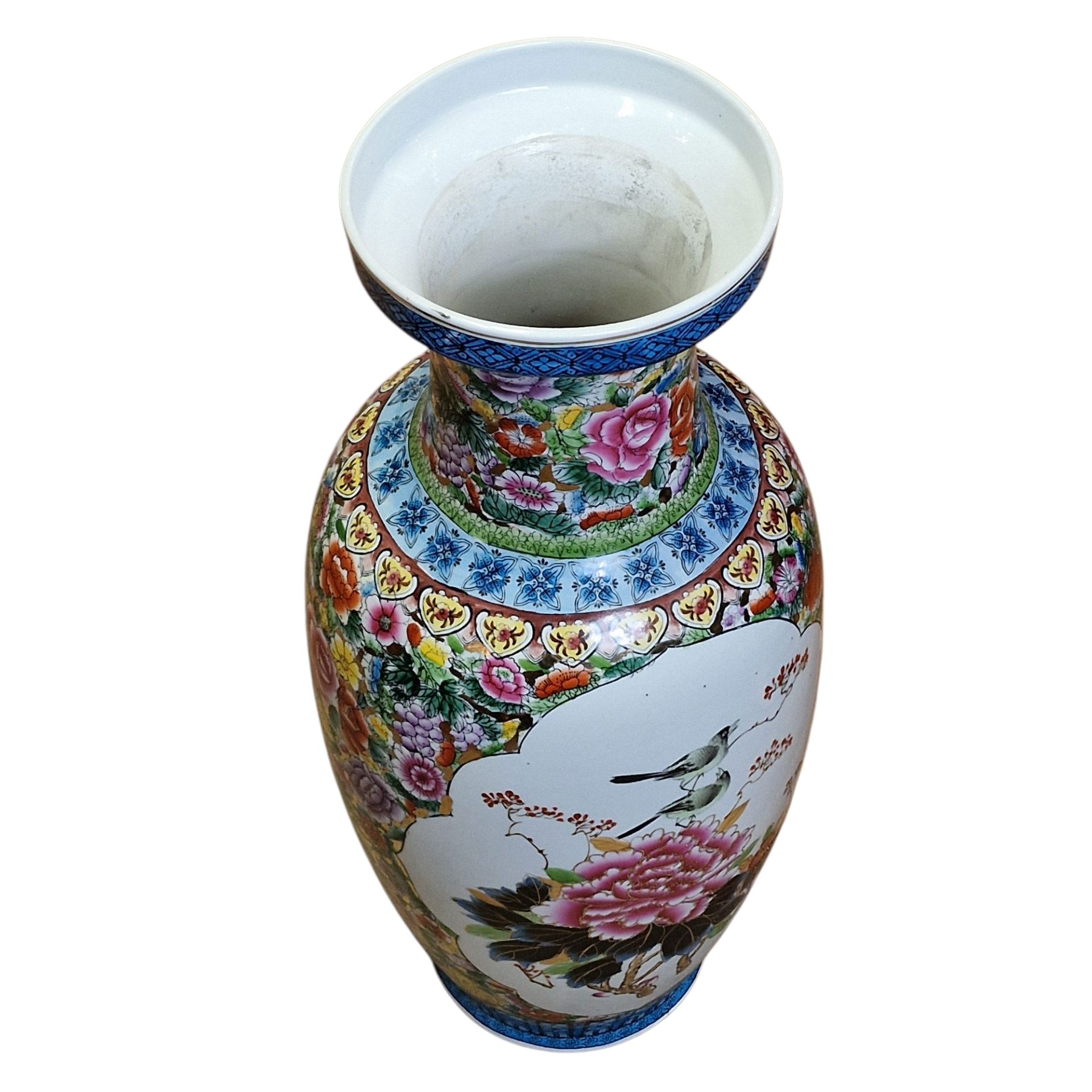 Vaso chinês em porcelana com decoração floral e aves
