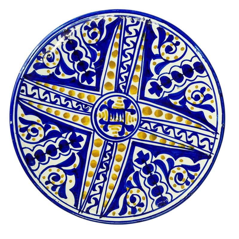Prato decorativo em faiança azul e amarelo