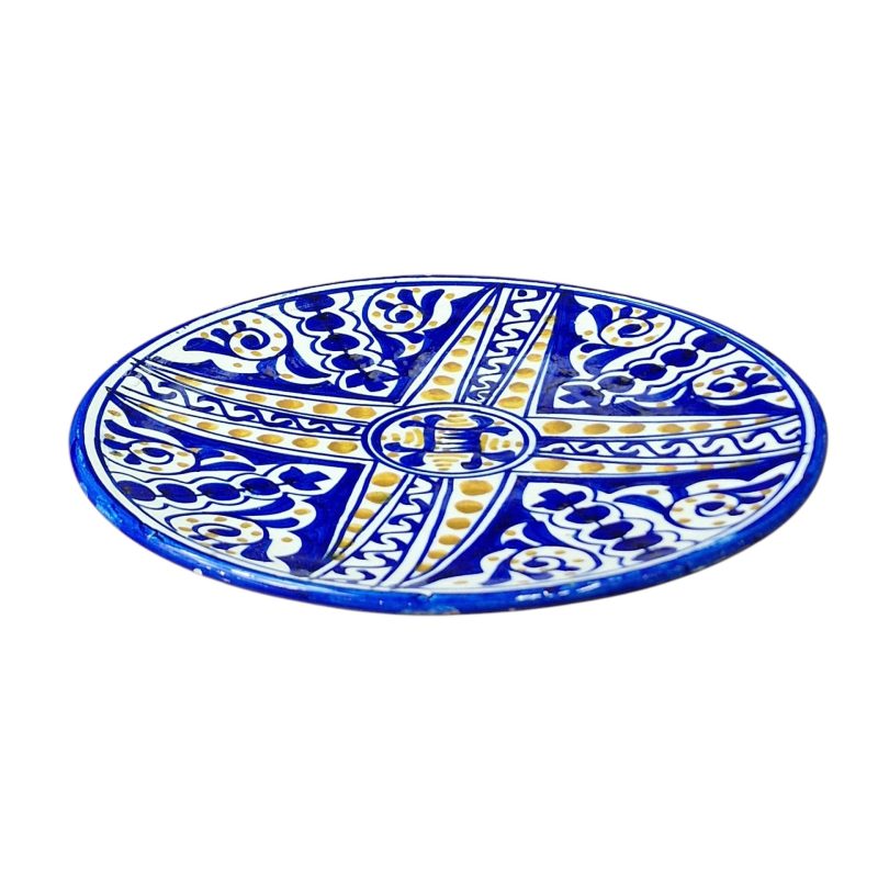 Prato decorativo em faiança azul e amarelo