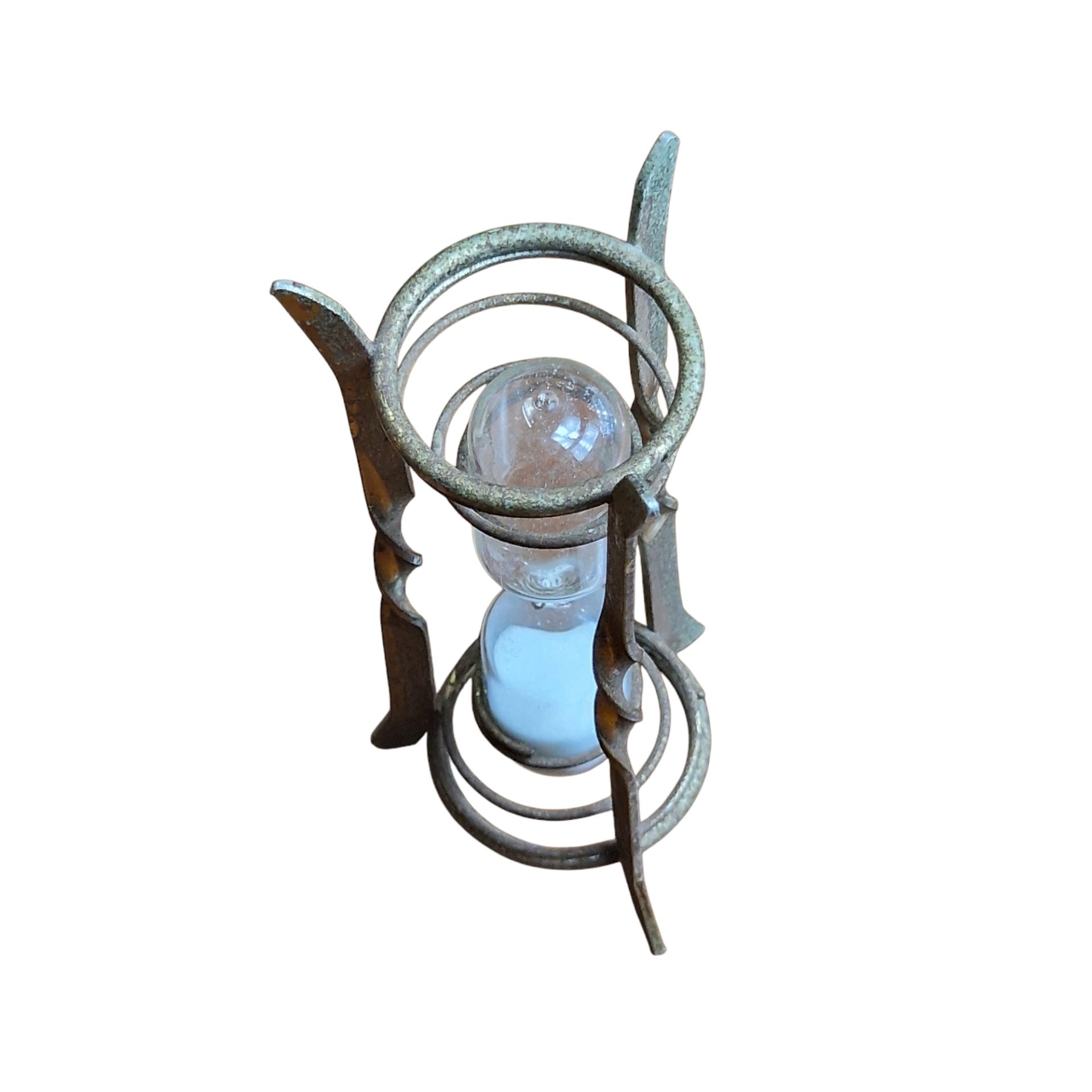 Ampulheta decorativa em metal com vidro soprado