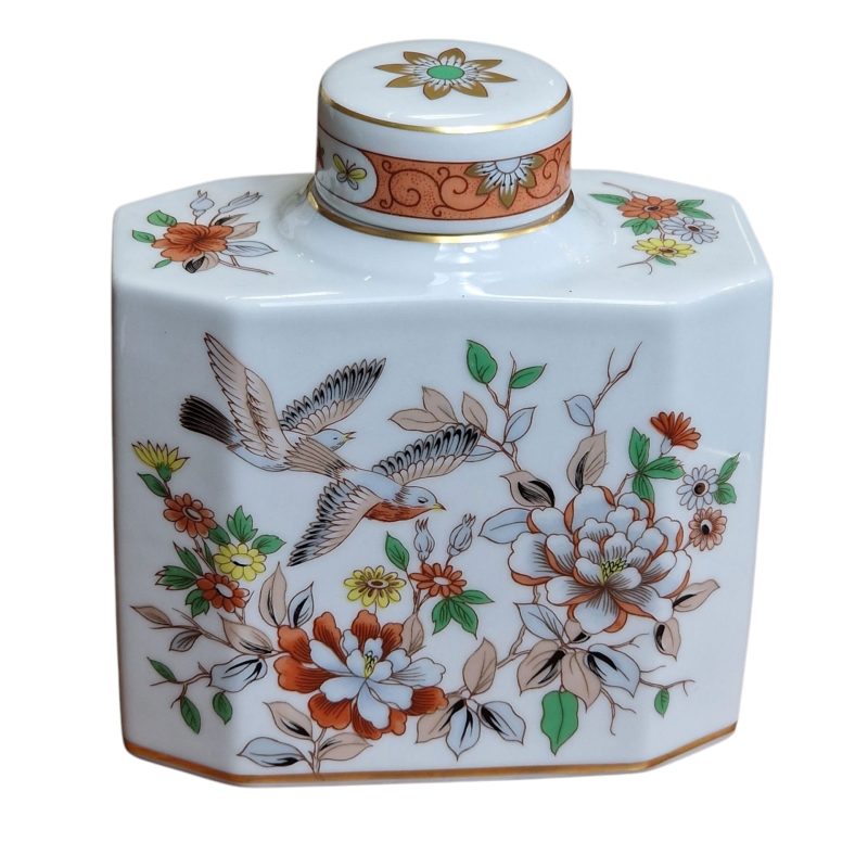 Pote Vista Alegre “Magnolia” com Tampa – Porcelana Fina Decorada com Flores e Pássaros