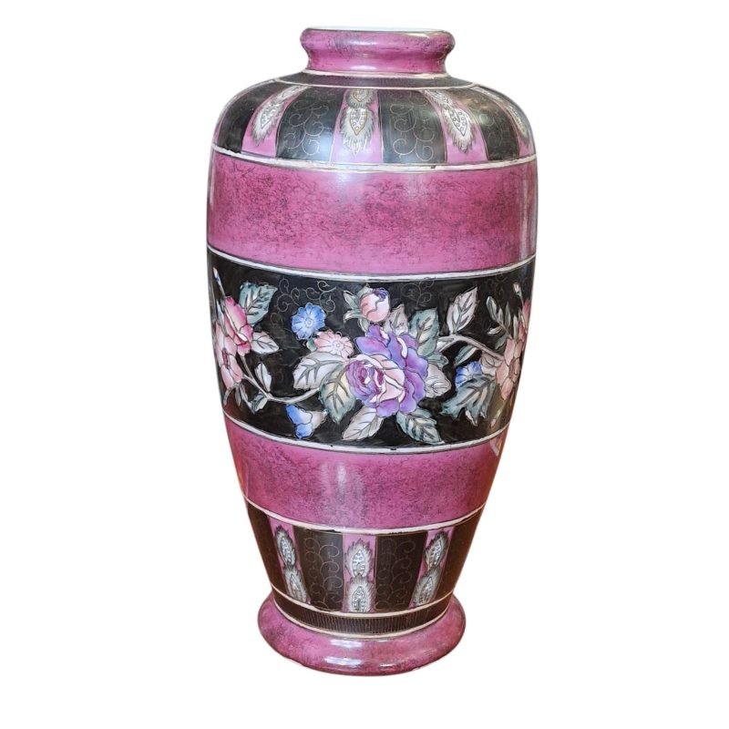 Jarra decorativa esmaltada com flores em tons rosa e preto - 36 cm