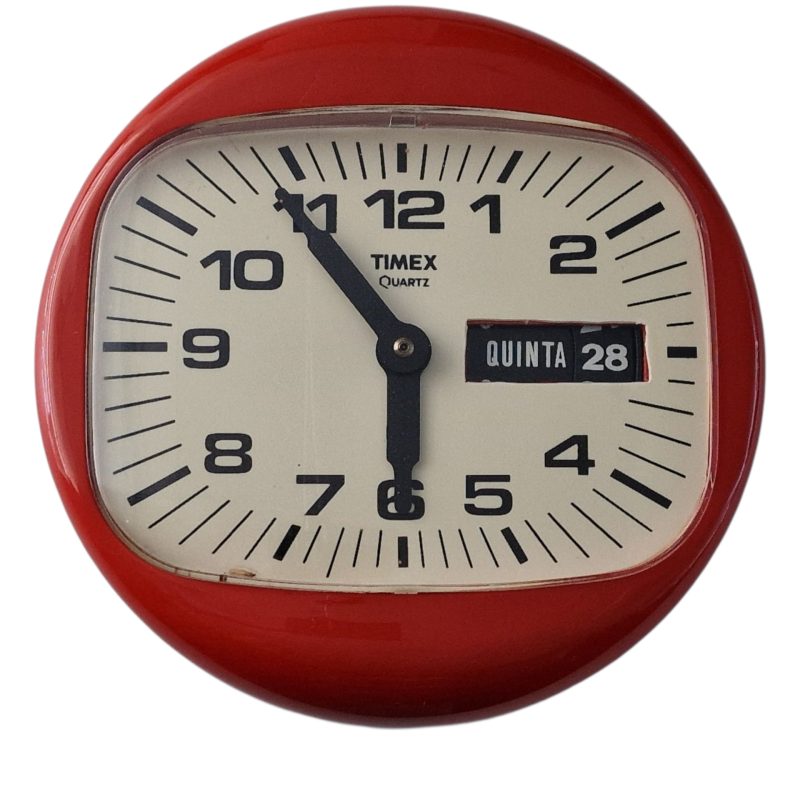 Relógio de Parede Vintage Timex Quartz Vermelho com Calendário – Made in France