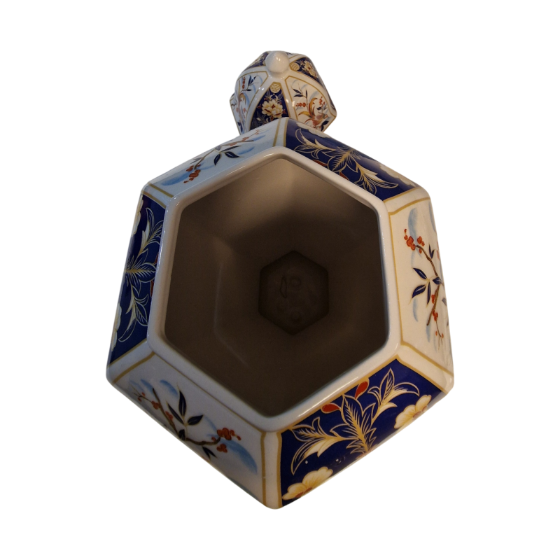 Pote decorativo hexagonal com tampa em porcelana PANDA 35,5cm