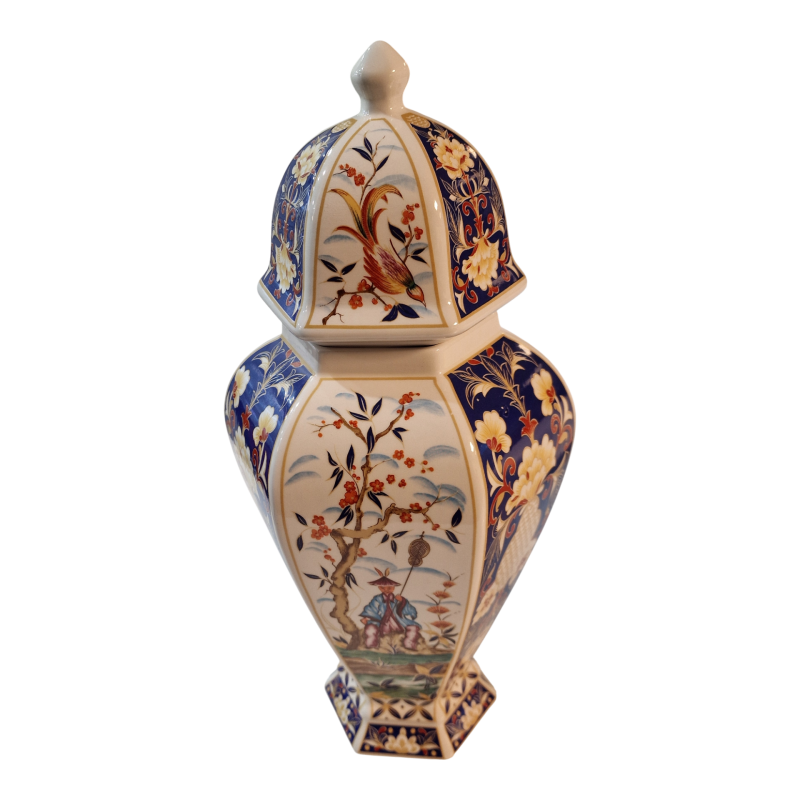 Pote decorativo hexagonal com tampa em porcelana PANDA 35,5cm