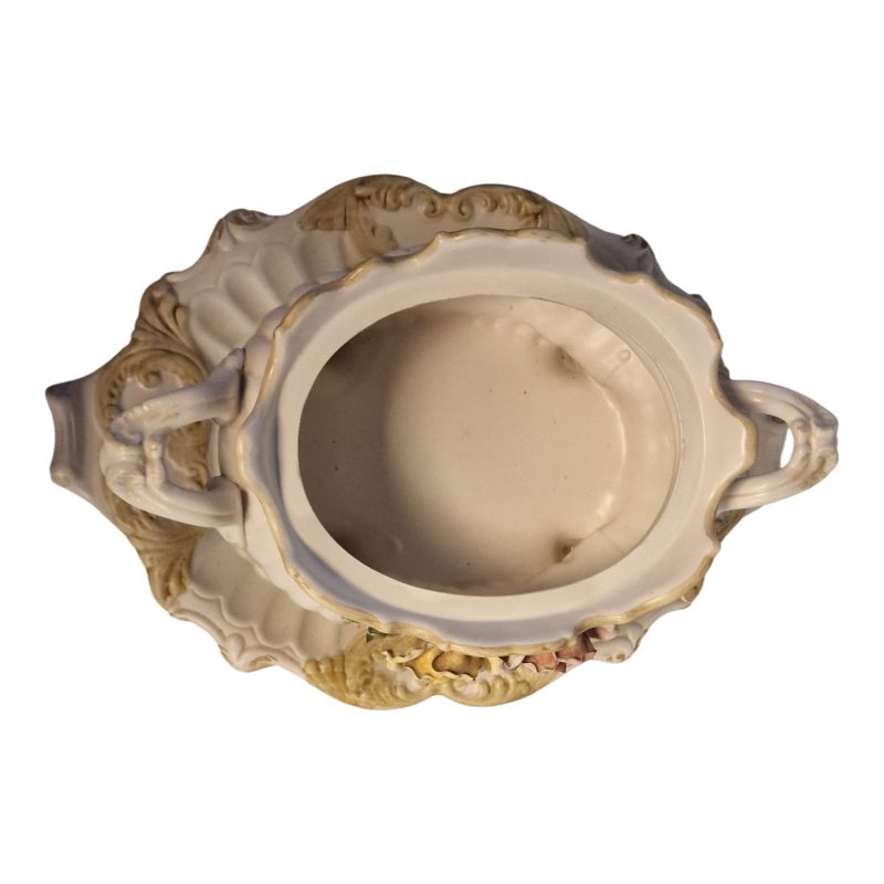 Terrina Capodimonte com base e flores aplicadas à mão – Made in Italy – 25 cm altura x 38 cm largura